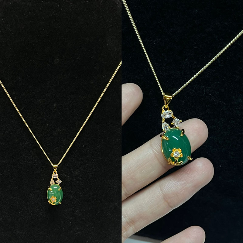 Weelderige groene jade ovale hanger ketting met witte zirkoonaccenten, goud-Geplaatste setting, elegante vrouwen\\\'s sieraden